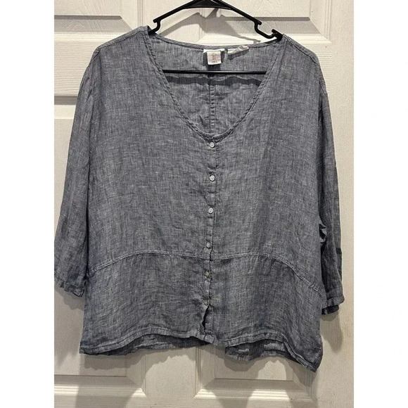Sigrid Olsen Womens Blouse Blue 100% Linen‎ Button Up Half Sleeve Size Large - Picture 1 of 5